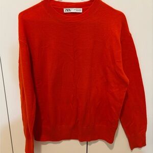 Zara 100% Wool Women's Vibrant Orange Crewneck Sweater